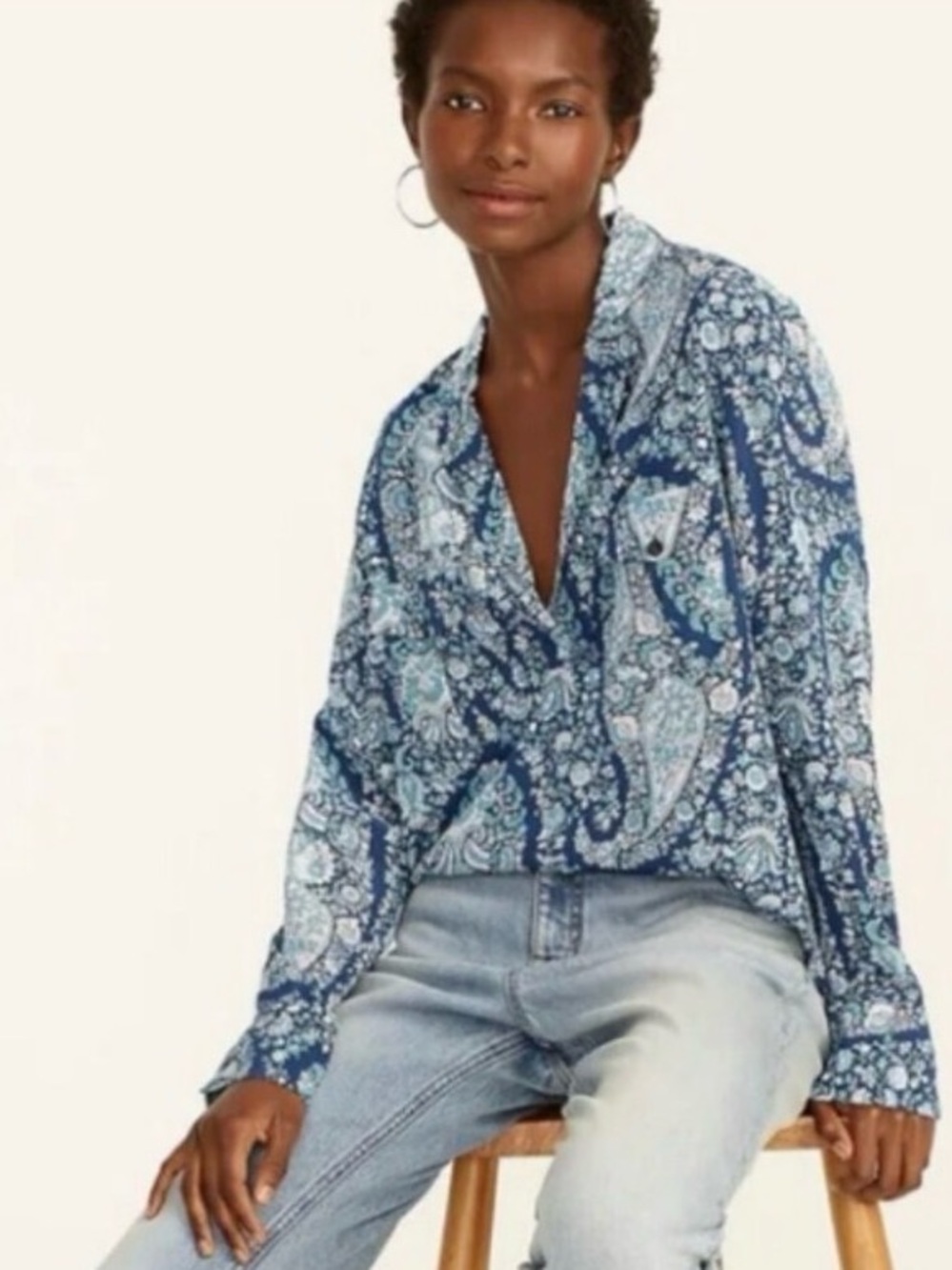 J. Crew Women’s Washable 100% Silk Popover Blouse Oversized Paisley Blue Size M